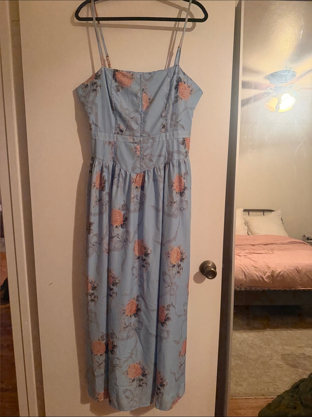 Light Blue Floral Spaghetti-Strap Midi Dress